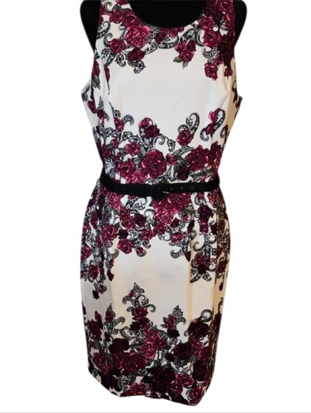 White House Black Market; Black, White, and Pink Floral Dress with Belt, 12